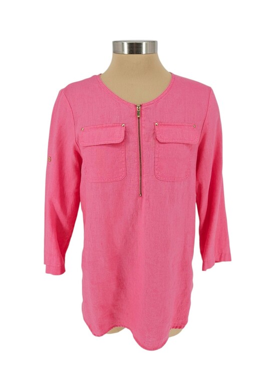 Jones New York Tops - Jones New York Sport Tunic Top Linen Pink Roll Tab Long Sleeve Zip Shirt Small